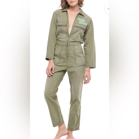 Sandrine Rose FP TRE'S COOL FRONT ZIPPER JUMPSUIT Size M Drab Green